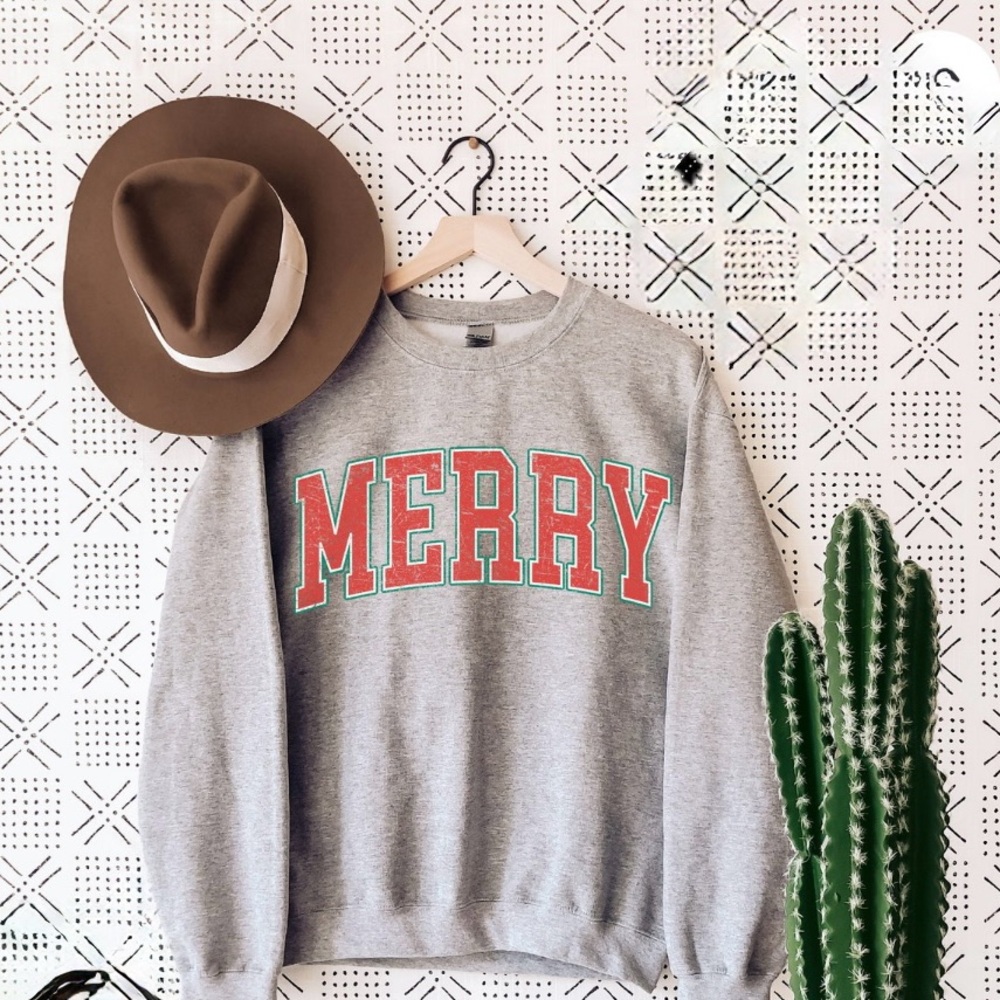 NWOT Gray Sweatshirt w/ Red /Green Merry' Print